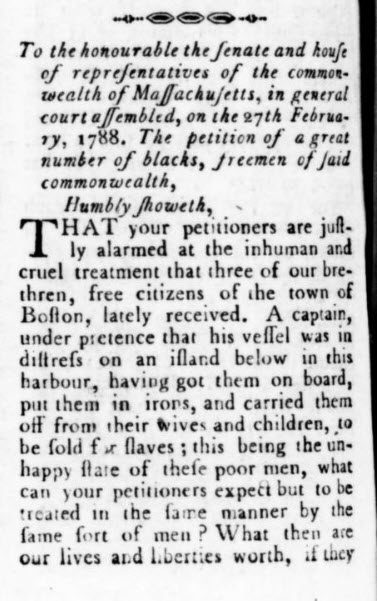 A printed page from 1788 headed as a petition of a number of Blacks to the Massachusetts legislature