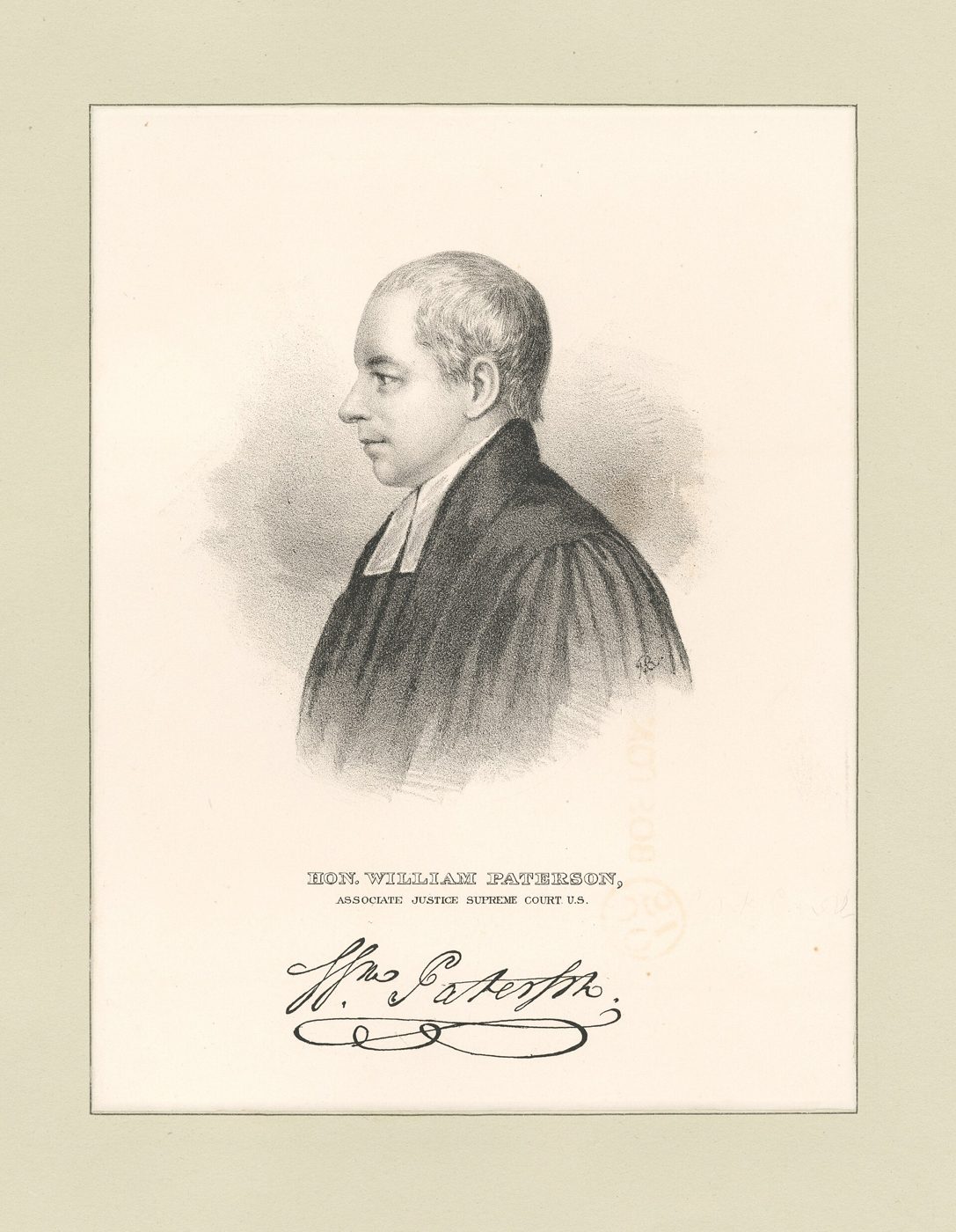 Engraved profile portrait of William Paterson in judicial robes, with his signature below