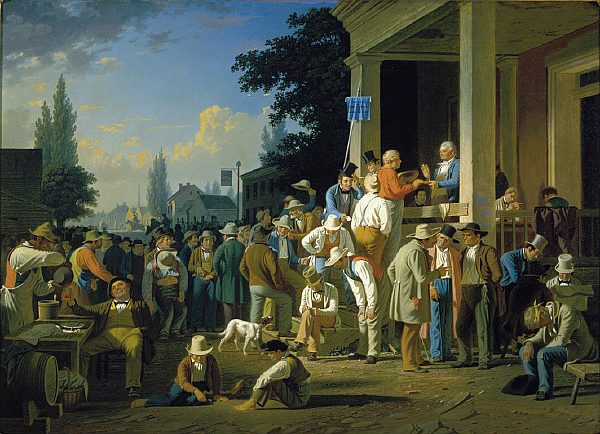 A crowded painting of a nineteenth-century election day in a Missouri town, with men gathered on the courthouse steps to vote, talk and argue