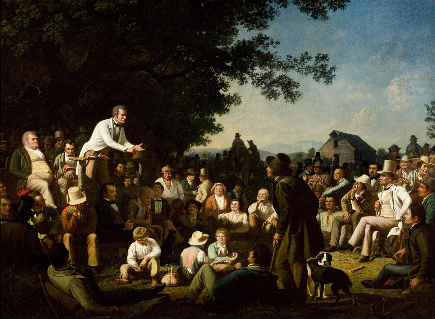 A painting of a candidate speaking from a platform to a crowd of townspeople and farmers gathered outdoors