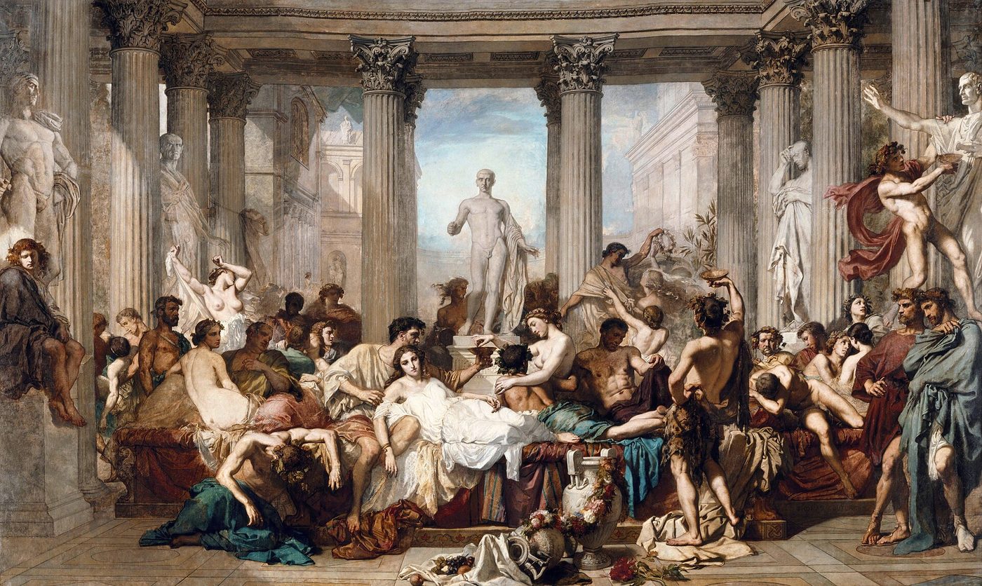 A vast painted hall with Roman revelers lounging and drinking among classical statues, while two figures at the side look on in disapproval