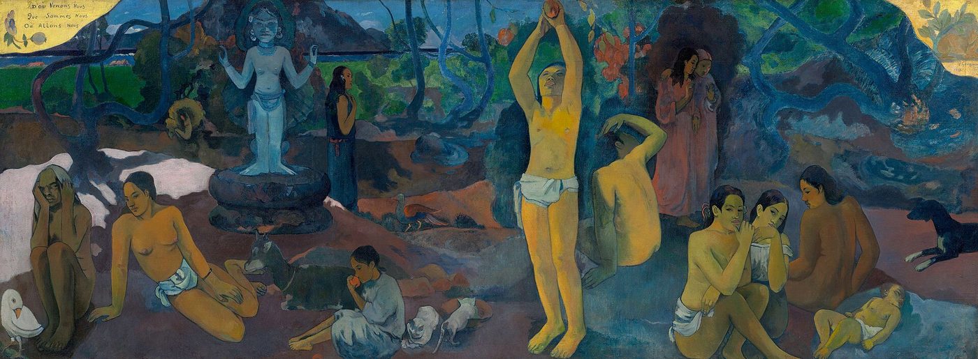 Wide painting of Tahitian figures in a dreamlike blue and gold setting, from an infant at right to an old woman at left, with an idol in the background