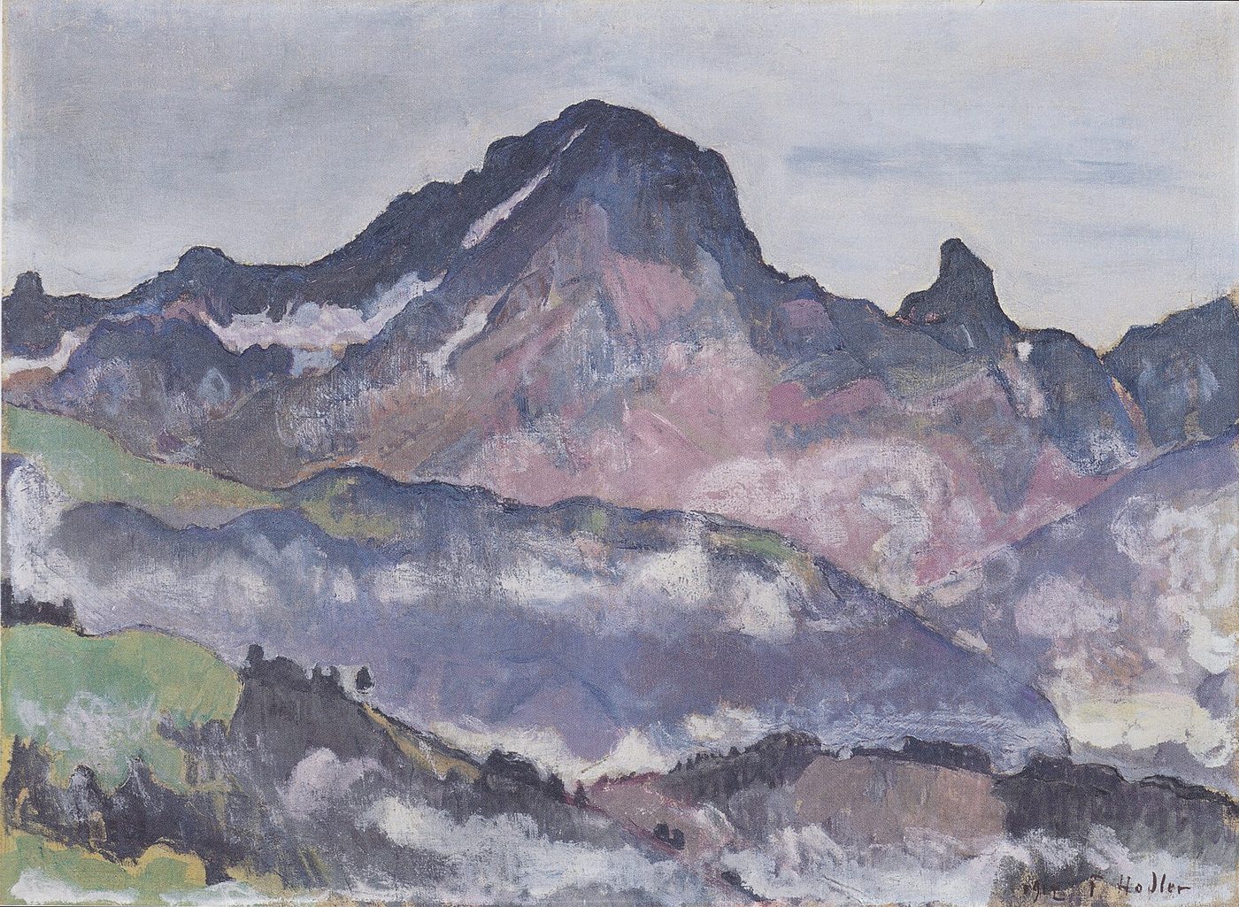 A painting of a broad mountain massif with snow patches above green slopes and a pale sky