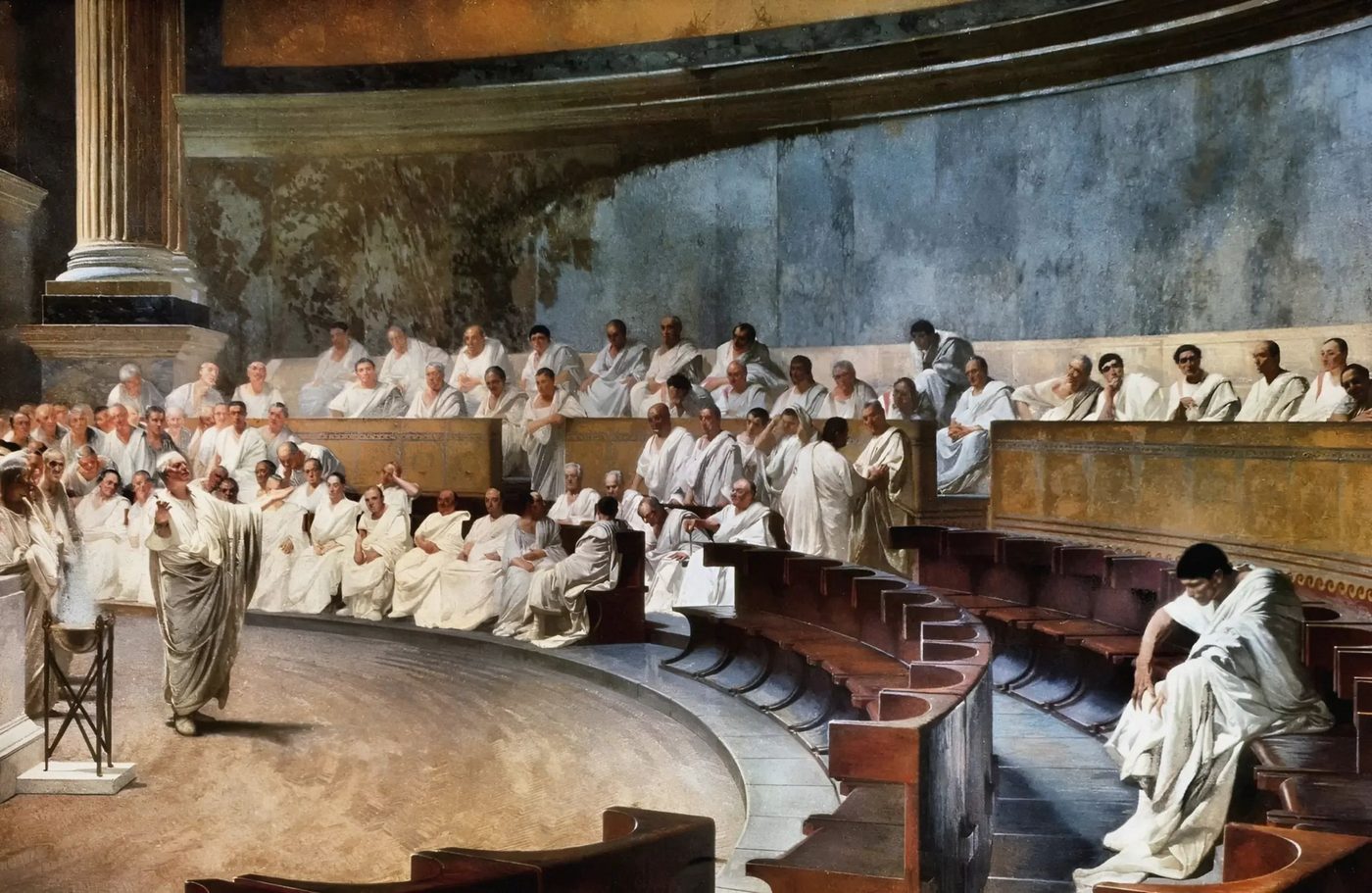 Cicero standing and speaking in the Roman Senate while senators in white togas sit on curved benches and Catiline sits alone