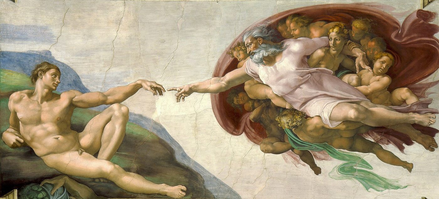 Fresco of a reclining nude Adam reaching toward God, who is borne by angels within a billowing red cloak, their fingers almost touching