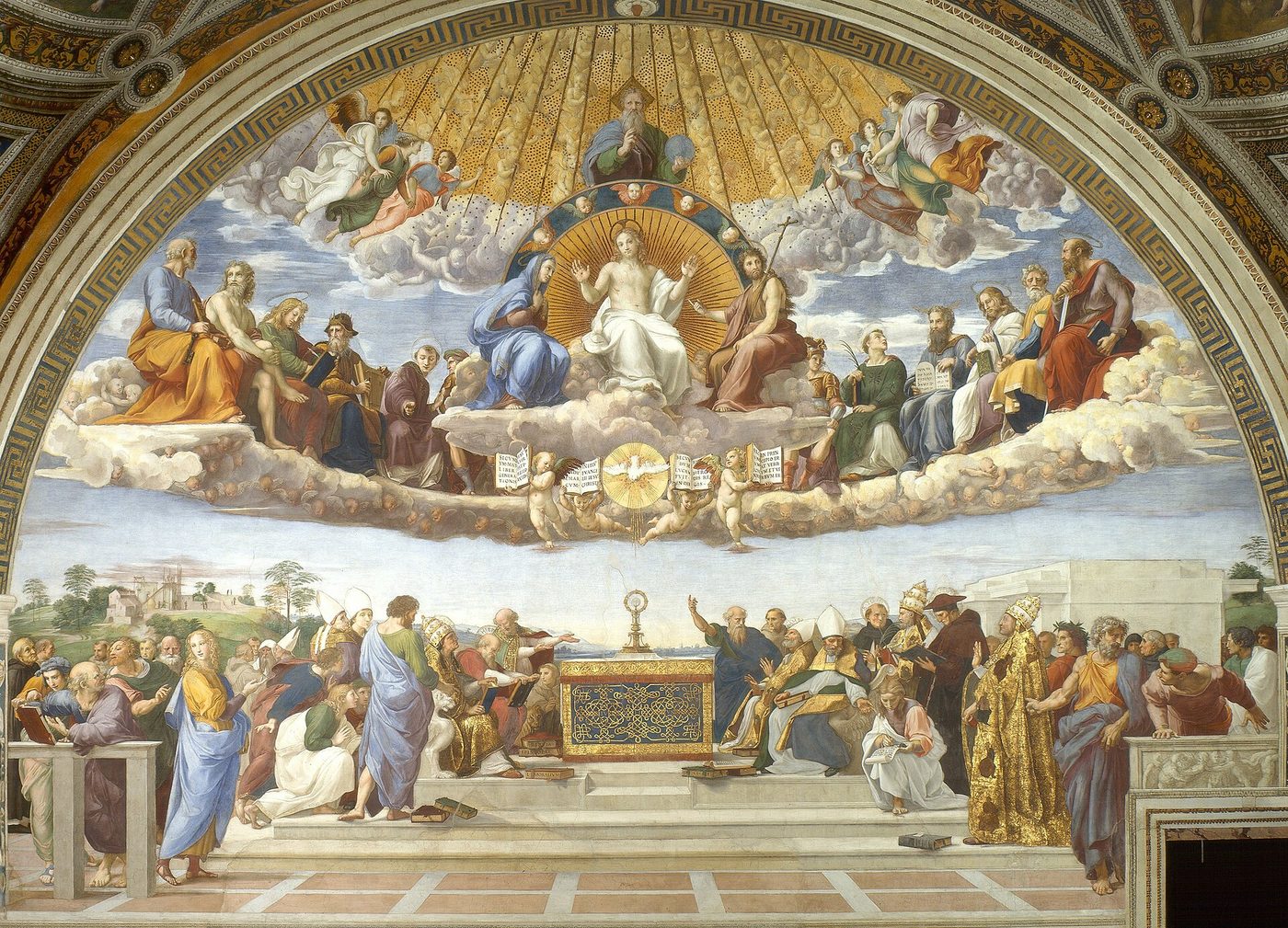 Fresco of a semicircular heavenly court with Christ, Mary and saints on clouds above, and clergy and theologians gathered around an altar below
