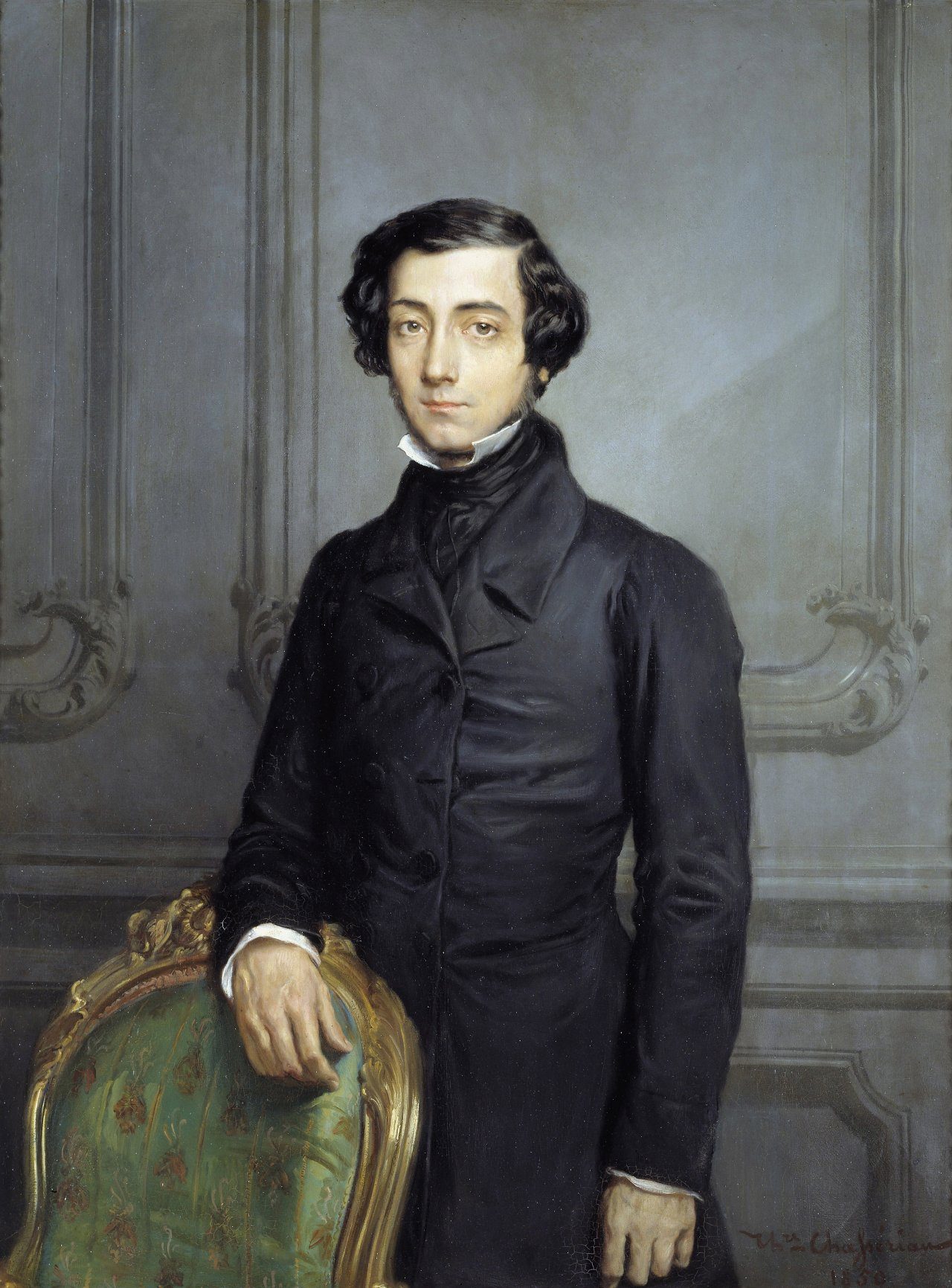Portrait of Alexis de Tocqueville seated, in a dark coat with a white cravat, looking toward the viewer