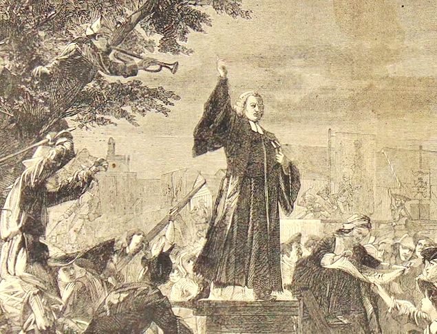 Engraving of George Whitefield preaching outdoors from a raised platform to a crowd, some listeners hostile