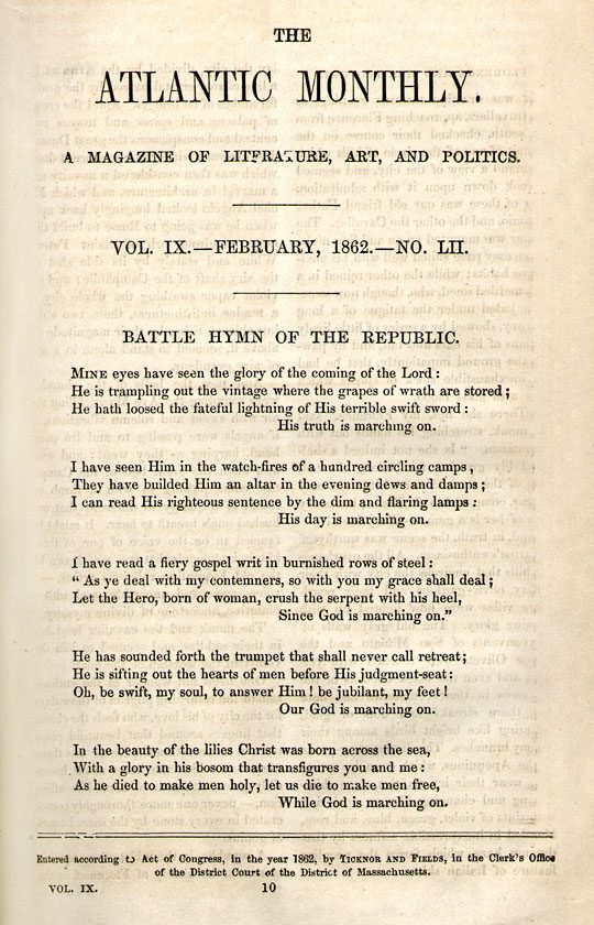 A printed page from the Atlantic Monthly of February 1862 headed Battle Hymn of the Republic, with five stanzas of verse