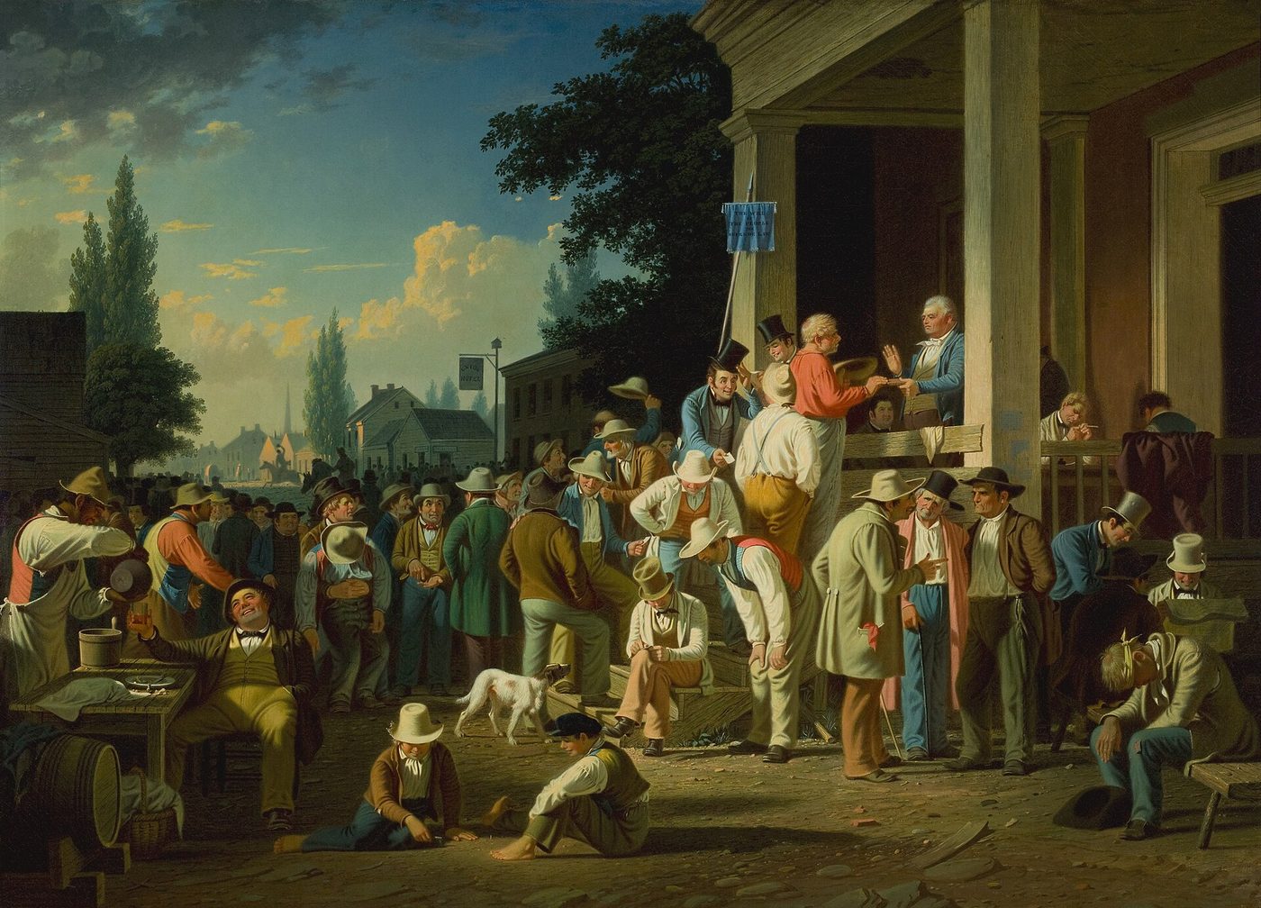Painting of a crowd of men on the steps and porch of a frontier courthouse on election day, with a man taking an oath at the top of the steps, men talking and drinking, a drunk being carried up, and boys playing in the dirt