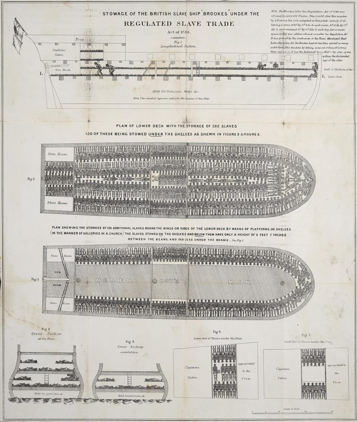 A printed plan and cross-sections of the slave ship Brookes, showing hundreds of small human figures lying packed side by side on every deck