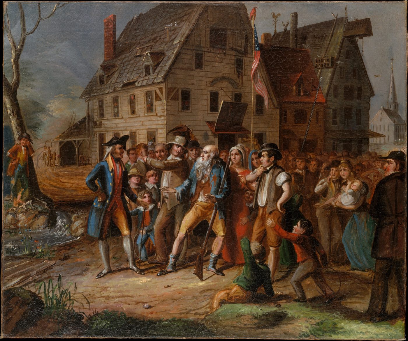 An oil painting of Rip Van Winkle, old and ragged with a long white beard, standing with his gun before a crowd of villagers outside a tavern