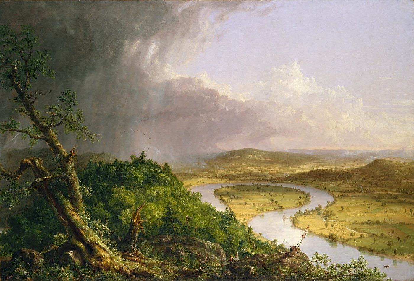 Wide painting seen from a mountaintop: on the left, dark storm clouds and a broken tree over wild forest; on the right, a sunlit valley of farms and fields around a great loop of river