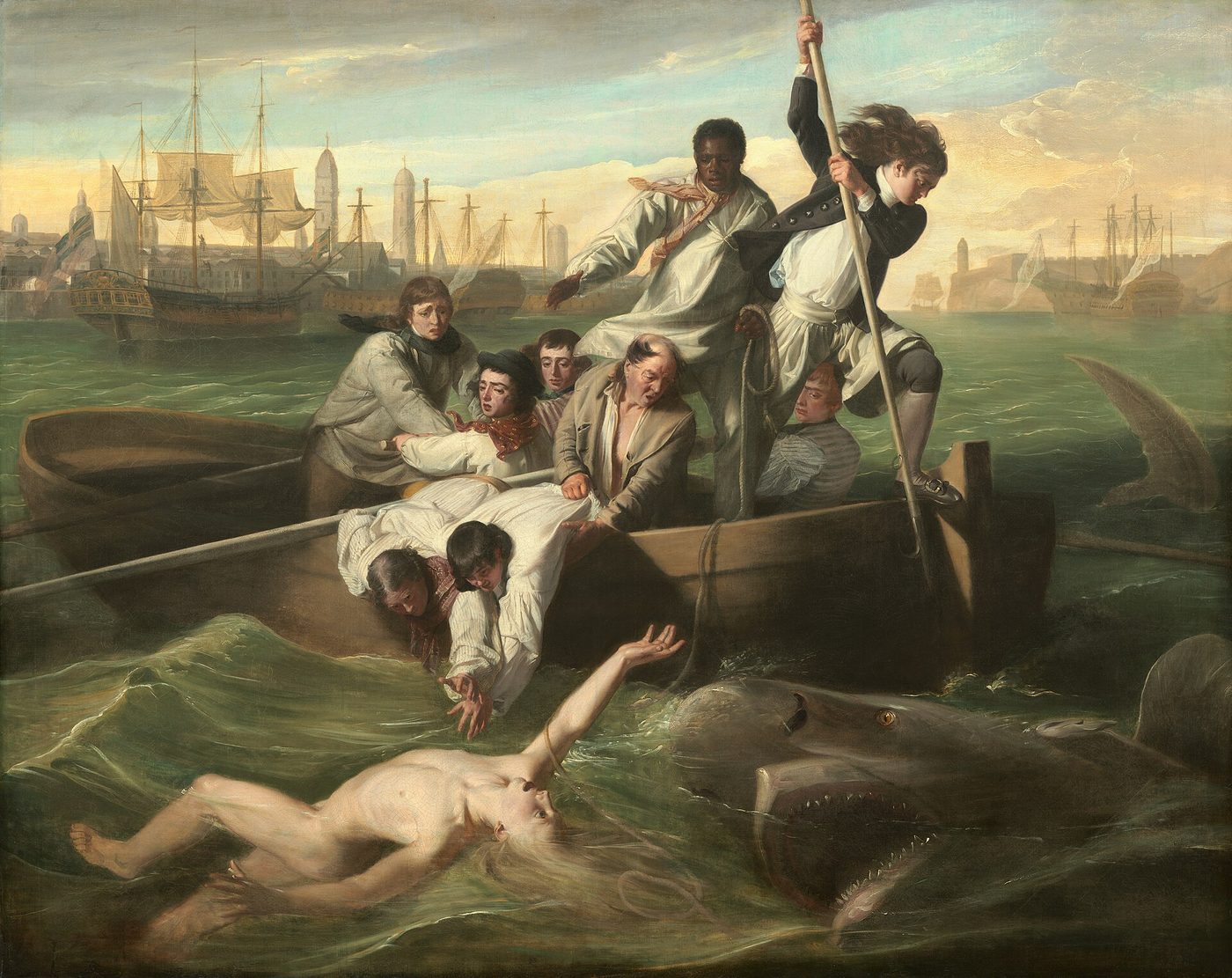 Painting of a naked youth floating on his back in dark water as a huge shark lunges at him, while men in a rowboat reach out, one raising a harpoon, with sailing ships in a harbor behind