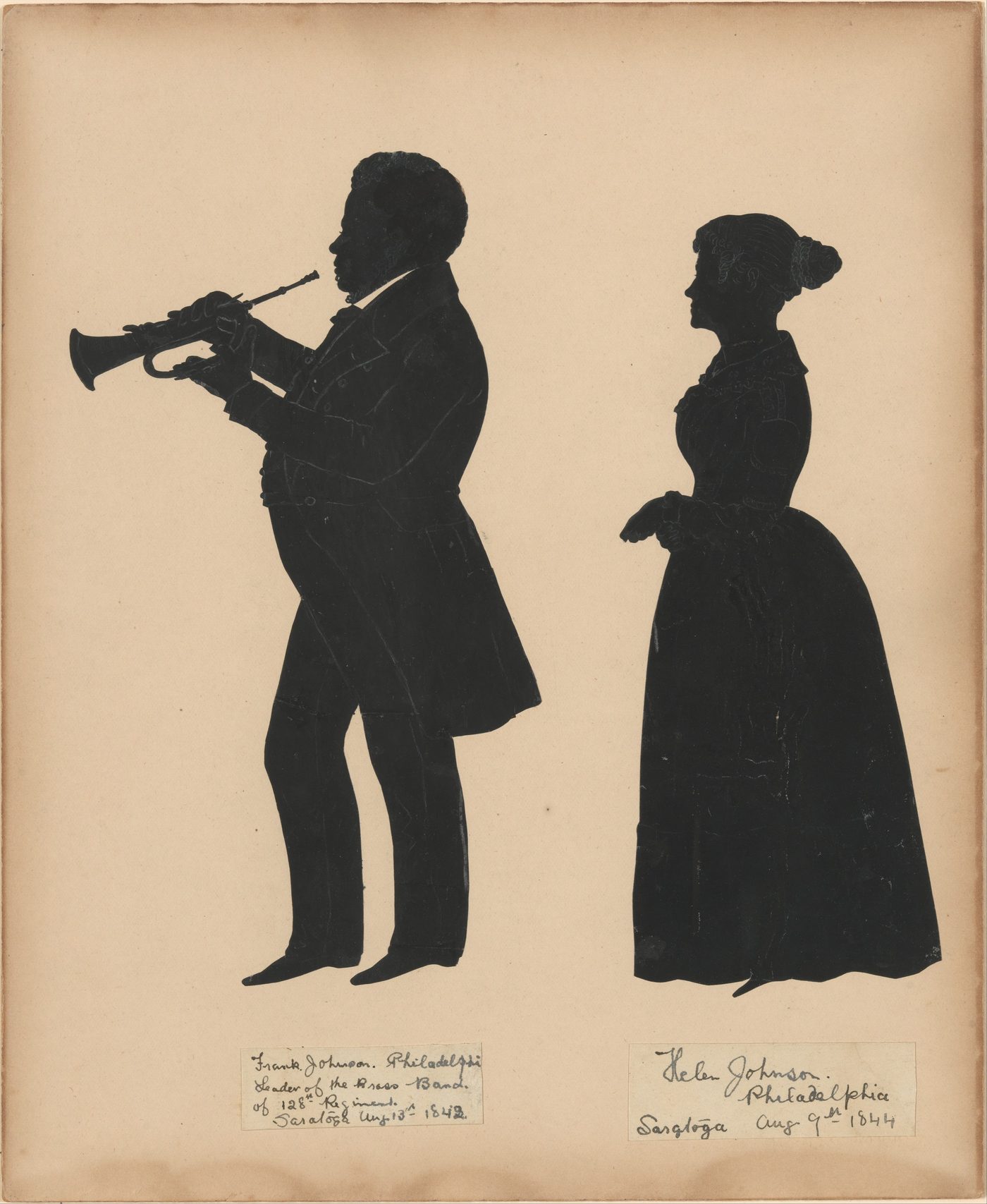 Two cut-paper silhouettes in profile of Frank Johnson, a bandleader in uniform holding a bugle, and his wife Helen