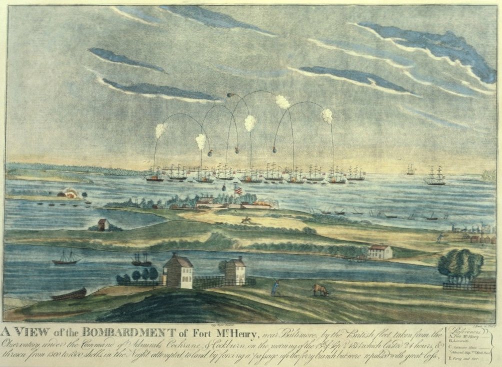 Hand-colored print of British bomb vessels and rockets firing on Fort McHenry at night, with ships' boats in the foreground