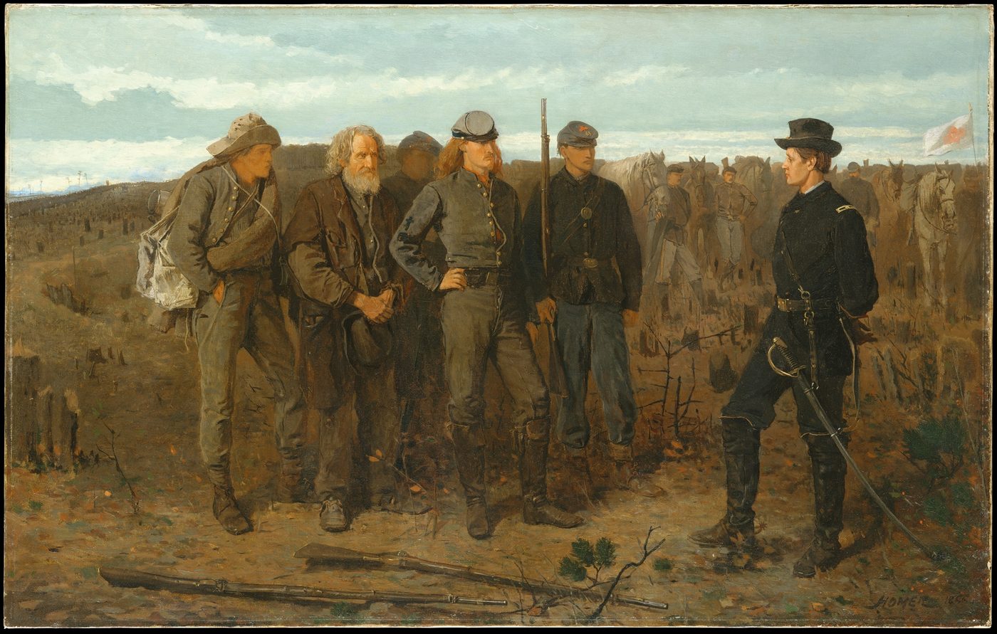 An oil painting of a Union officer standing before three Confederate prisoners, an old man, a defiant young officer and a ragged youth, with a soldier guarding them in a barren field