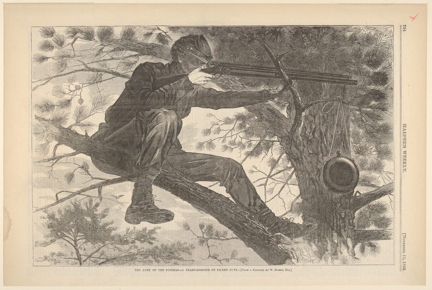 A wood engraving of a Union sharpshooter perched high in a pine tree, aiming a long rifle with a telescopic sight