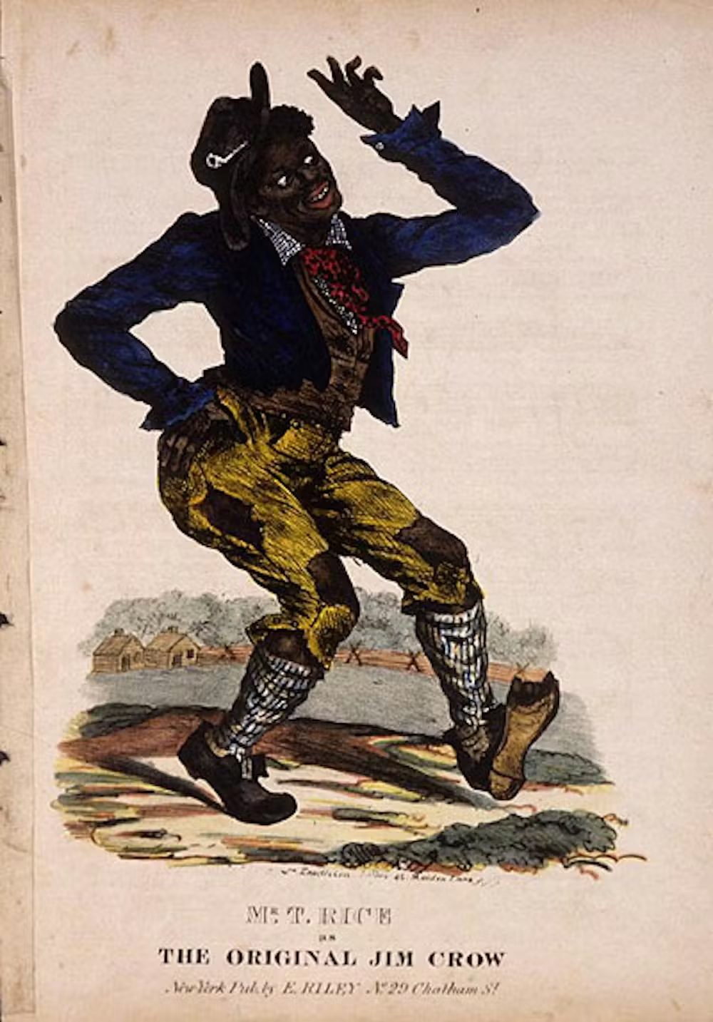 A sheet music cover showing a white performer in blackface and ragged clothes dancing, titled Jim Crow
