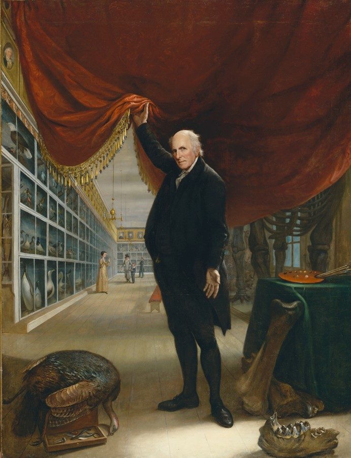 Painting of an elderly man lifting a red curtain to reveal a long gallery lined with cases of birds and rows of portraits, with a mastodon bone and taxidermy tools in the foreground