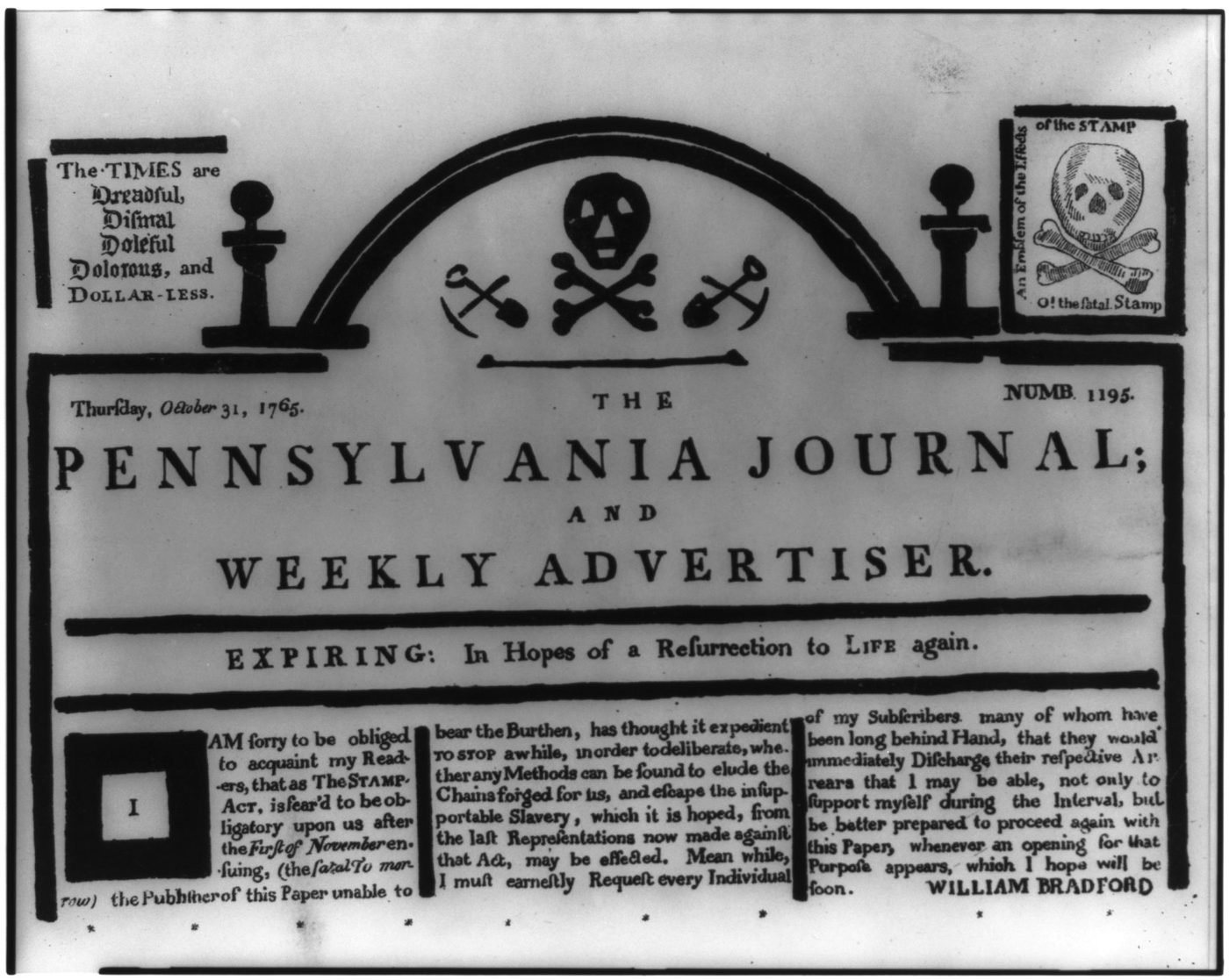 Woodcut newspaper masthead with a skull and crossbones and the words Expiring in hopes of a resurrection to life again
