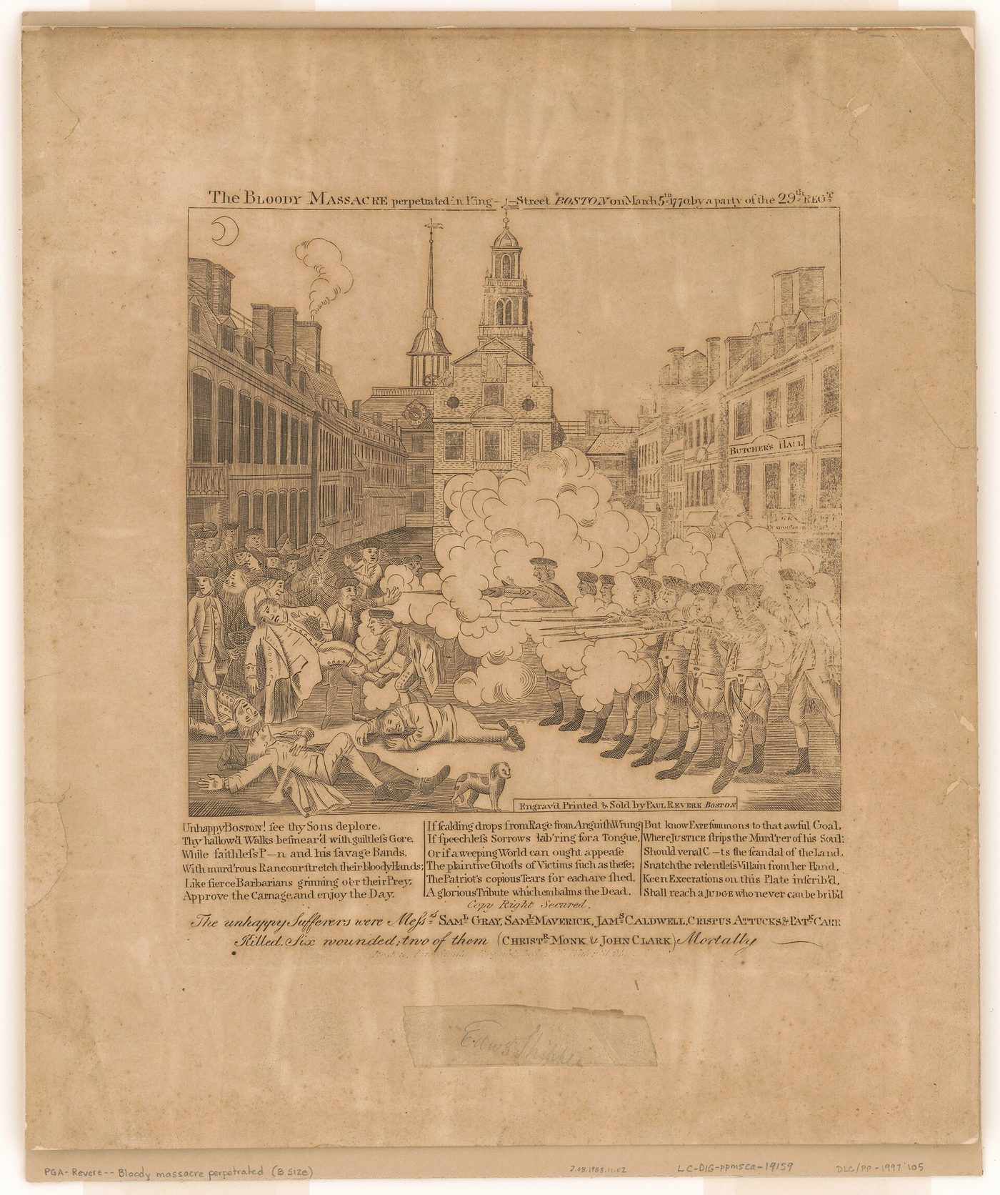 Hand-colored engraving of a line of red-coated British soldiers firing muskets into a crowd of townsmen in a Boston street, with bodies on the ground and buildings behind