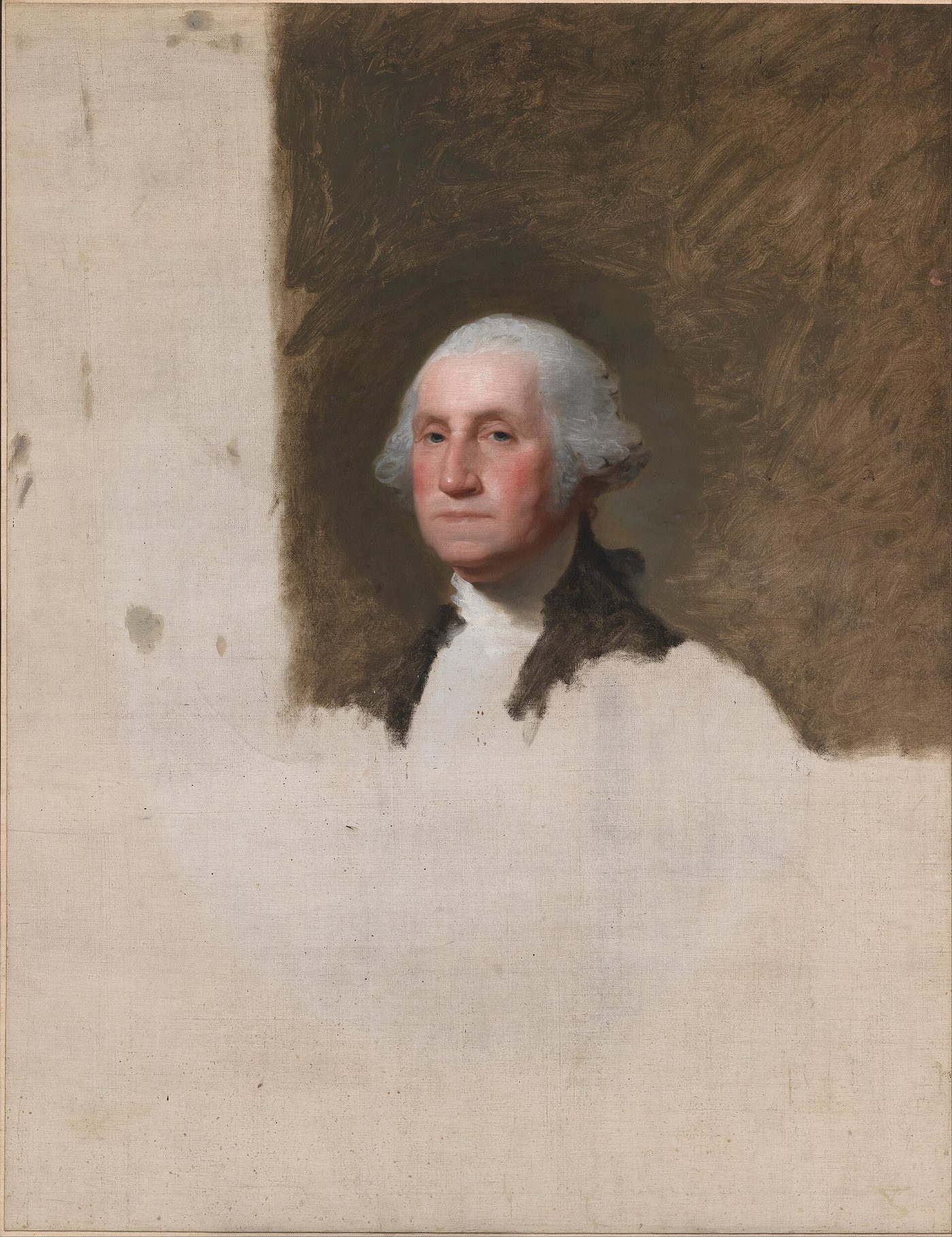 Unfinished oil portrait of George Washington's head and shoulders, with a bare brown background and the lower canvas left unpainted