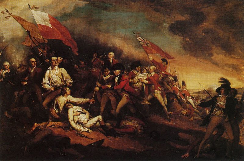 Battle painting with smoke and flags, showing a dying American general in the arms of a soldier as a British grenadier lunges with a bayonet and a British officer reaches out to stop him