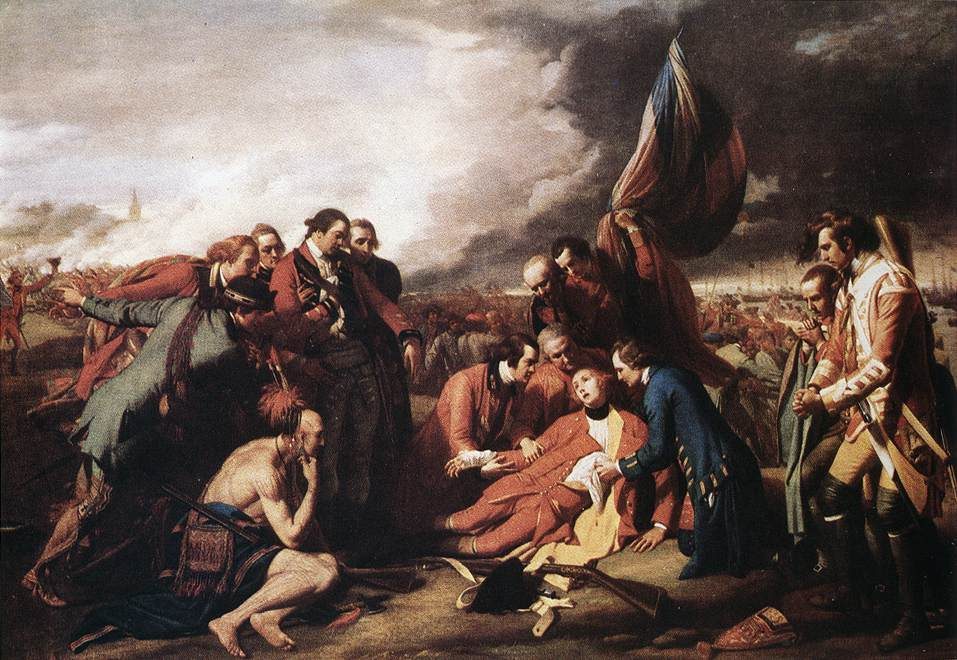 Painting of a dying British general in a red coat lying in the arms of officers on a battlefield, with a Native American warrior kneeling in the foreground and a soldier running up with a captured flag