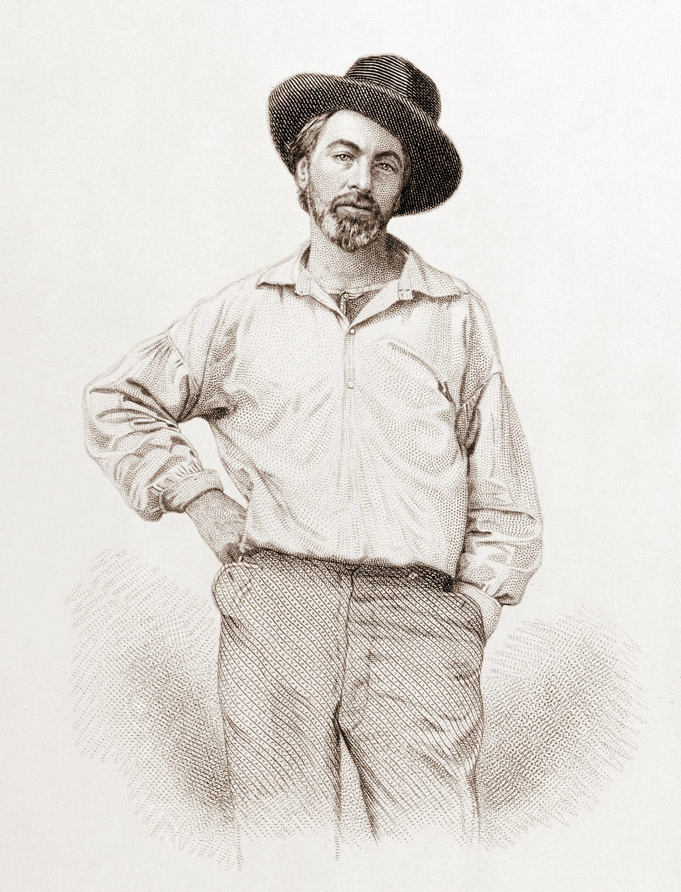 An engraved portrait of a young Walt Whitman in a workman's shirt open at the collar and a broad hat, one hand on his hip and the other in his pocket