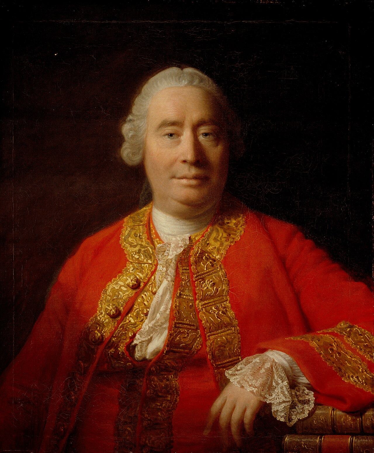 Portrait of David Hume in a scarlet coat with gold braid, a round pleasant face