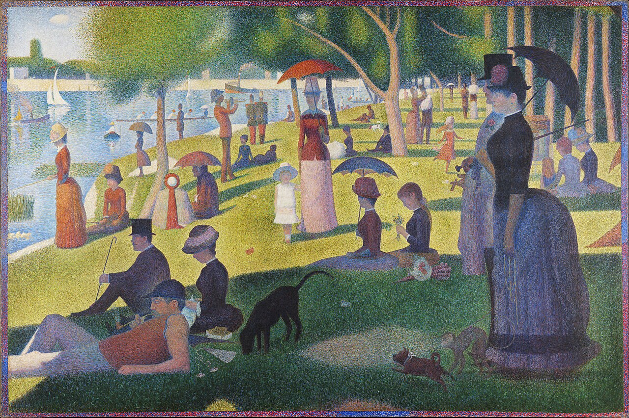 Seurat's painting of many small figures in Sunday dress resting on a riverbank under trees, built from tiny dots of color