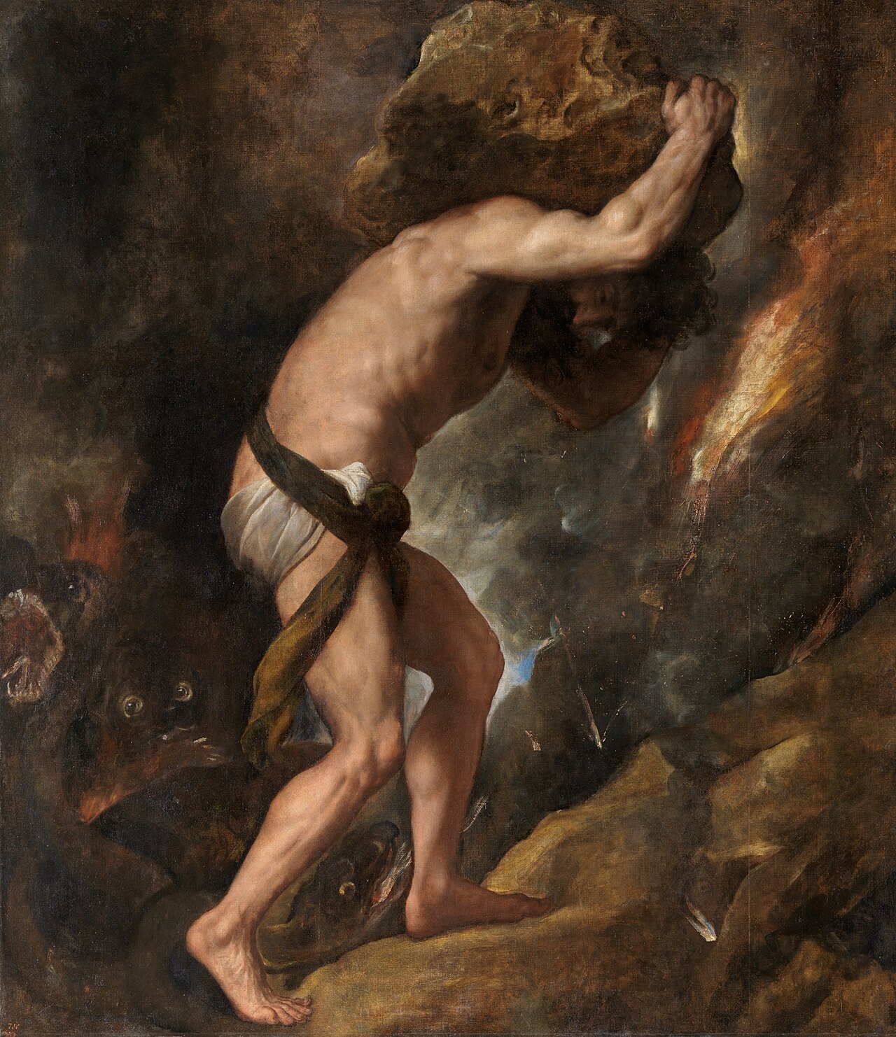 Painting of the muscular nude figure of Sisyphus bent under a huge boulder as he carries it up a rocky slope
