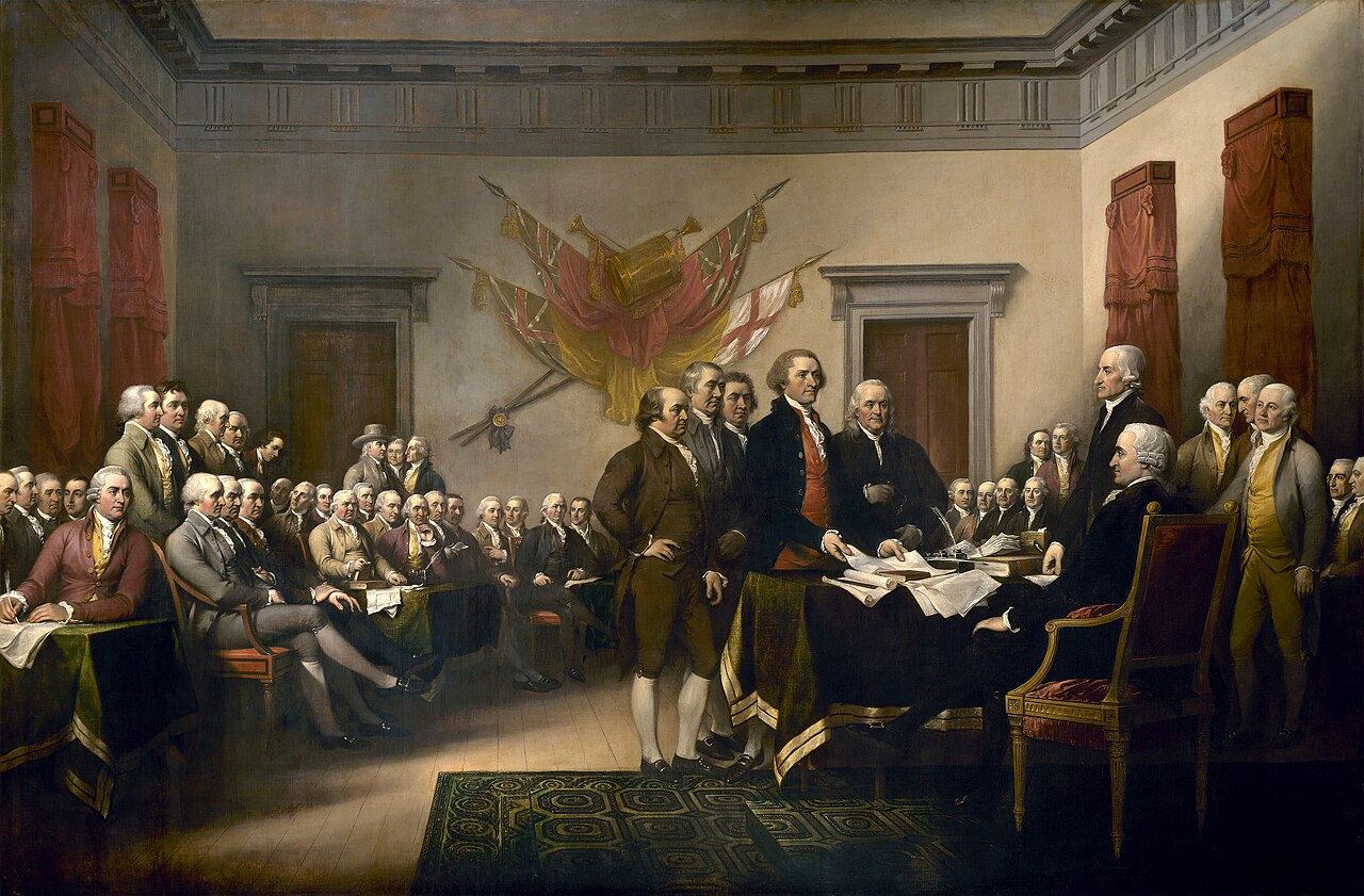 Painting of the five-man drafting committee presenting the Declaration of Independence to the Continental Congress in a crowded hall