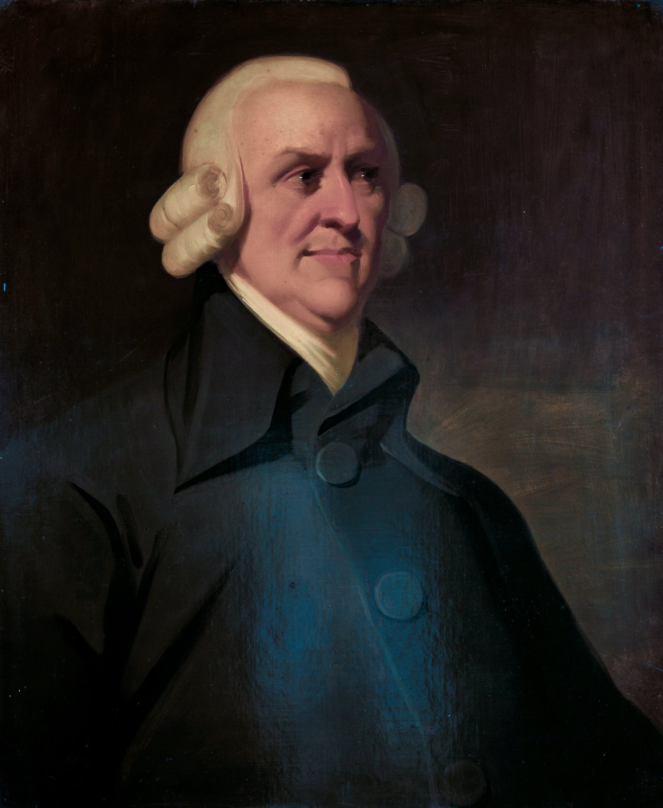 Posthumous portrait of Adam Smith in profile, wearing a wig and dark coat
