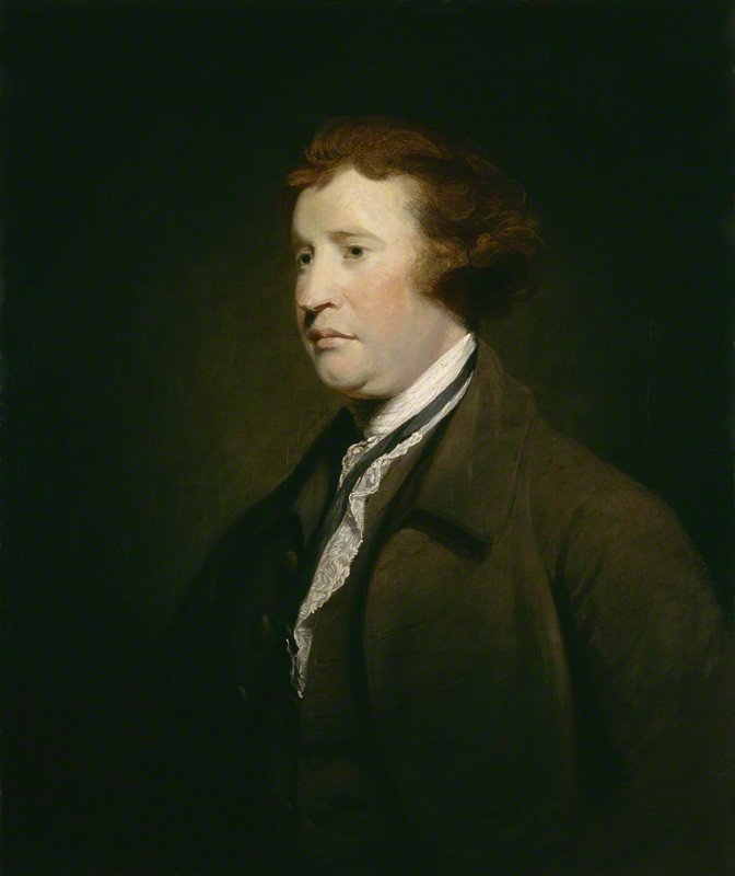 Oil portrait of Edmund Burke in middle age, in a dark coat with a white cravat, looking to one side