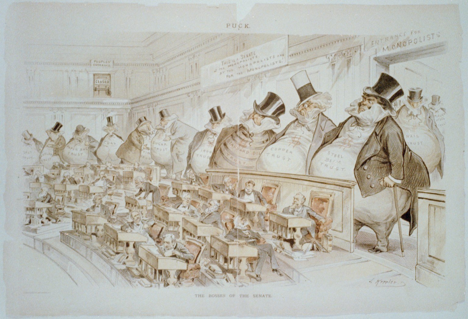 Lithograph cartoon showing enormous, bloated figures labeled as trusts standing at the back of the U.S. Senate chamber looming over the small senators at their desks, with a sign reading This is a Senate of the Monopolists by the Monopolists and for the Monopolists