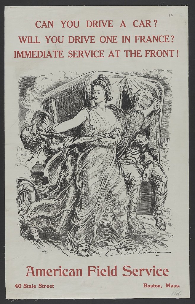 Color lithograph poster of a woman representing Columbia, draped in an American flag, holding back a skeleton figure of Death while sheltering a wounded soldier