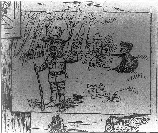 Newspaper cartoon by Clifford Berryman satirizing President Theodore Roosevelt's refusal to shoot a chained bear on a hunting trip in Mississippi