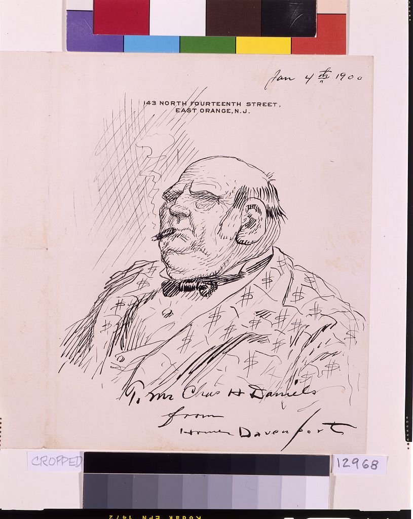 Ink drawing, a bust-length caricature of Mark Hanna in a suit covered with dollar signs, smoking a cigar
