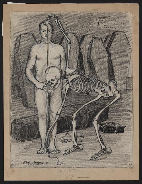 Drawing by Henry Glintenkamp of a skeleton measuring a naked young man who holds a draft notice, with coffins in the background
