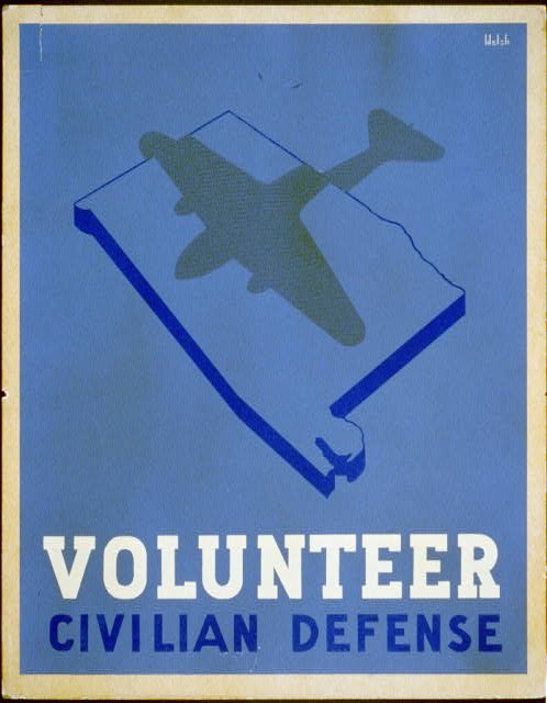 A silkscreen poster in bold flat colors urging volunteers to join civilian defense, in the style of Federal Art Project posters.