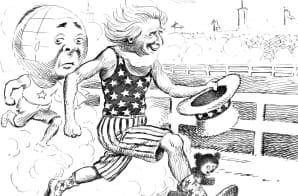 Pen and ink cartoon titled The Winner by Clifford Berryman, July 16, 1912: a figure in a stars-and-stripes running costume, holding a star-spangled top hat, sprints on a track ahead of a tearful runner with a globe for a head, with a small teddy bear running behind and a crowded stadium and flags in the background