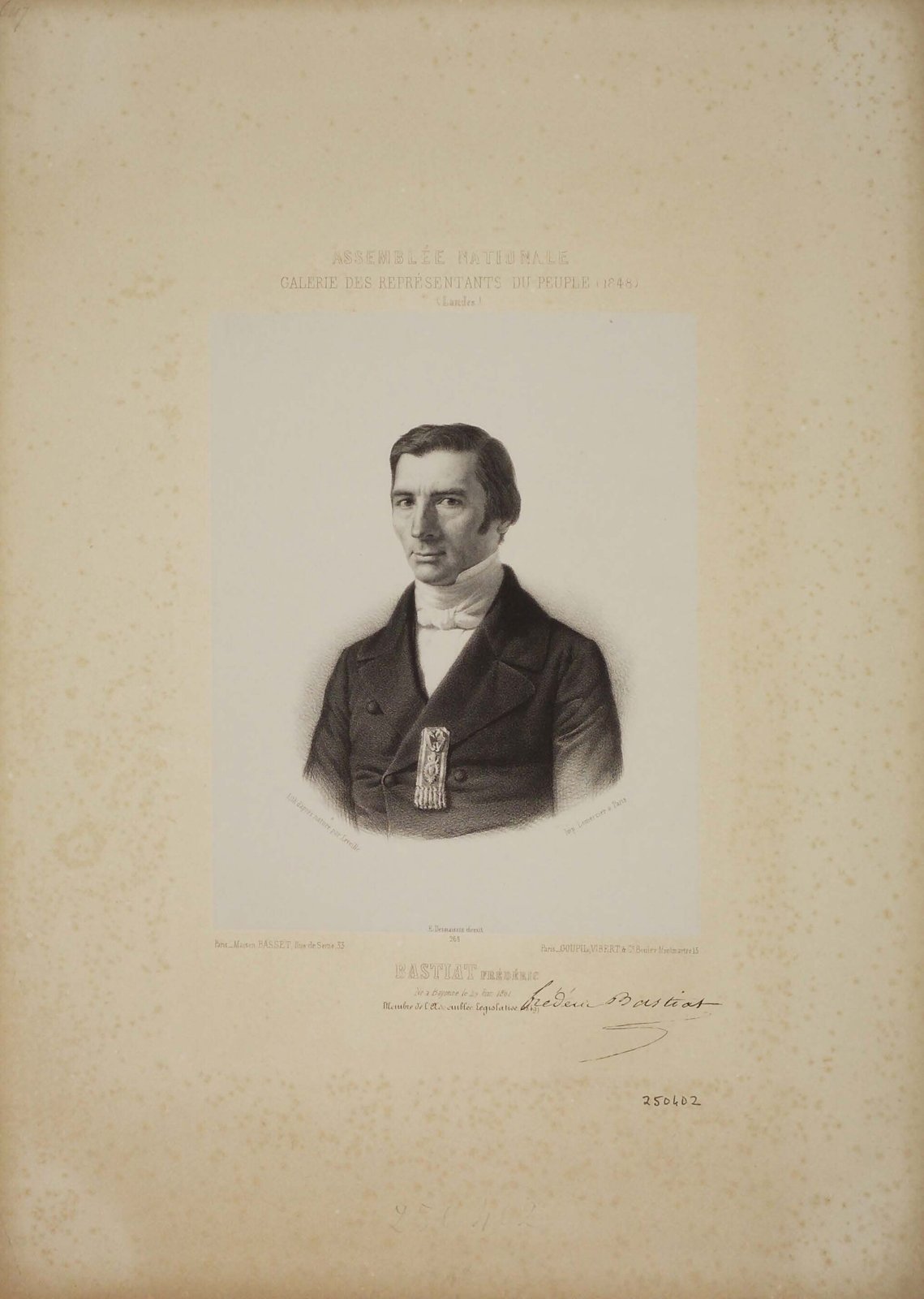 Engraved portrait of Frederic Bastiat, a thin man with long hair and a high collar, facing slightly left