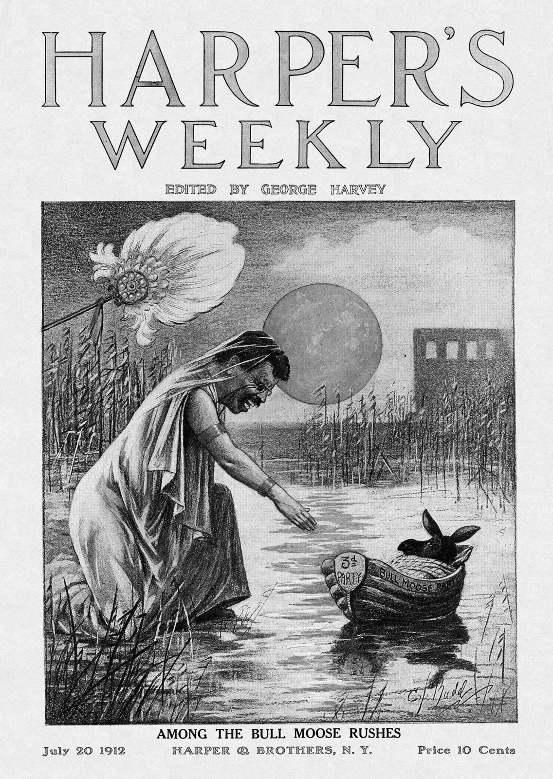 Magazine cover cartoon showing Theodore Roosevelt in a robe kneeling in reeds at the water's edge and reaching toward a small basket floating in the water, labeled 3d Party, Bull Moose Party