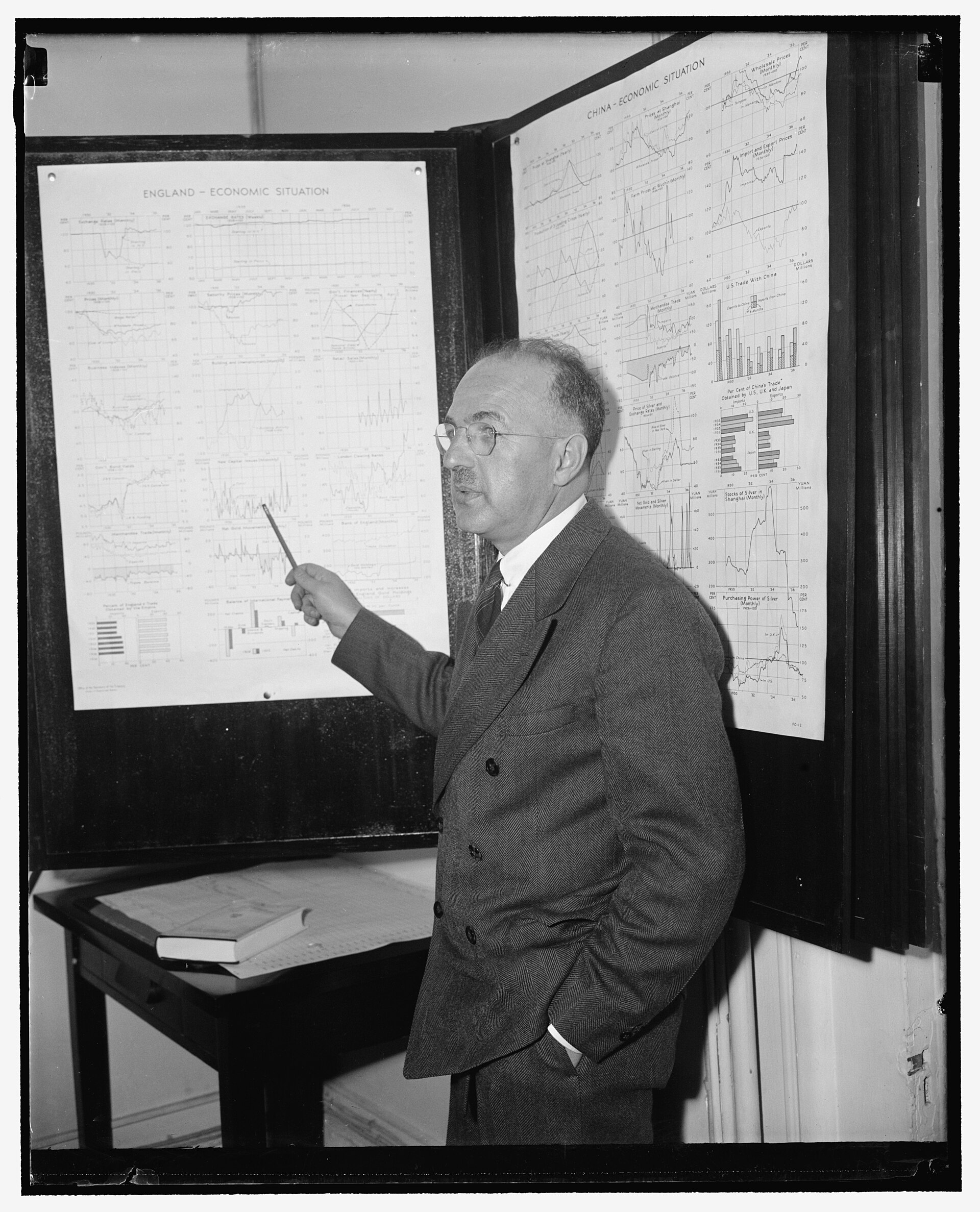Black and white photograph of Harry Dexter White, a man with glasses and a mustache, in a suit, seated at a desk