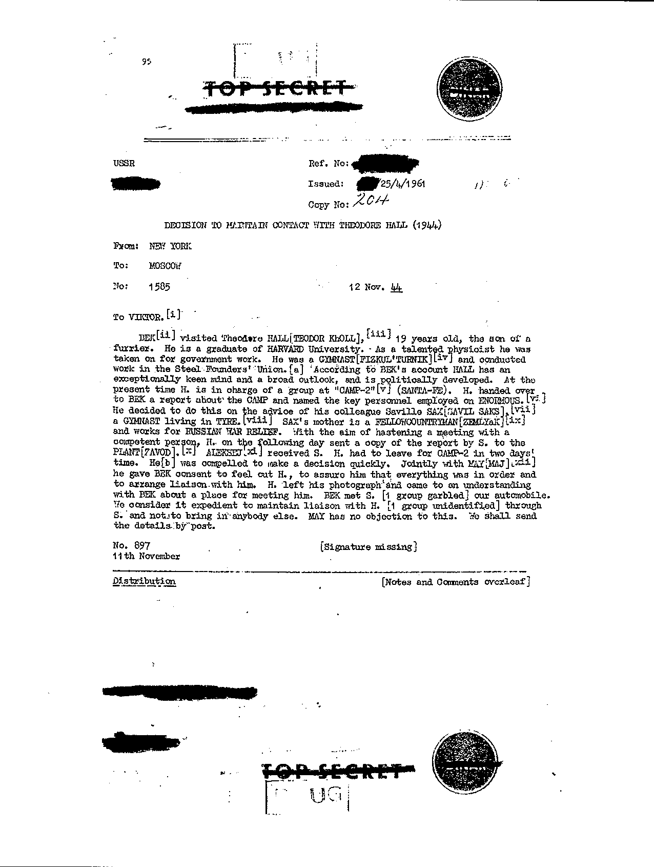 A typed page of a decrypted and translated Soviet intelligence message from the Venona project