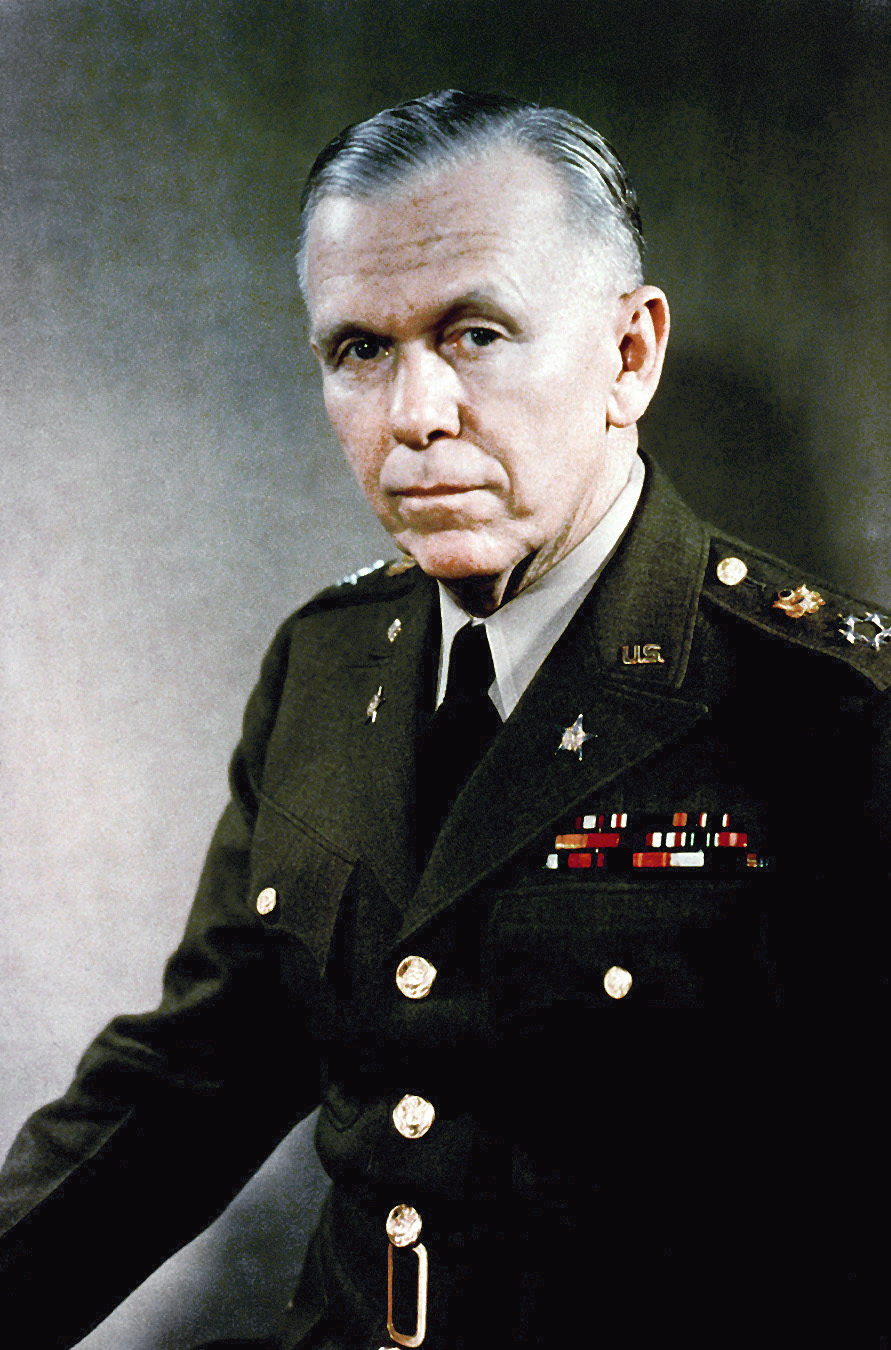 Color portrait of George C. Marshall in an olive Army uniform with rows of ribbons and general's stars on his shoulder straps
