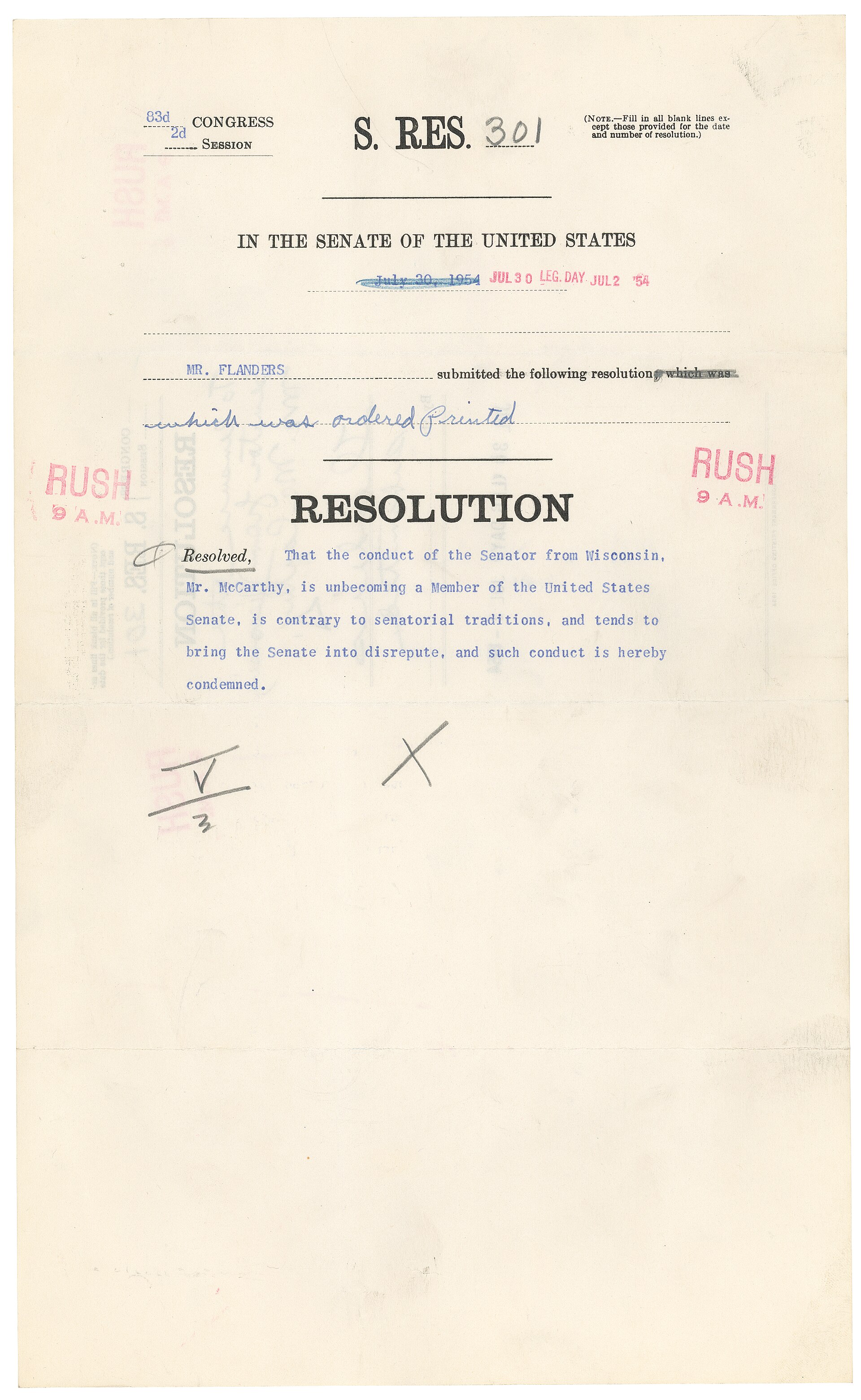 Printed text of a one-page Senate resolution with a heading and numbered lines