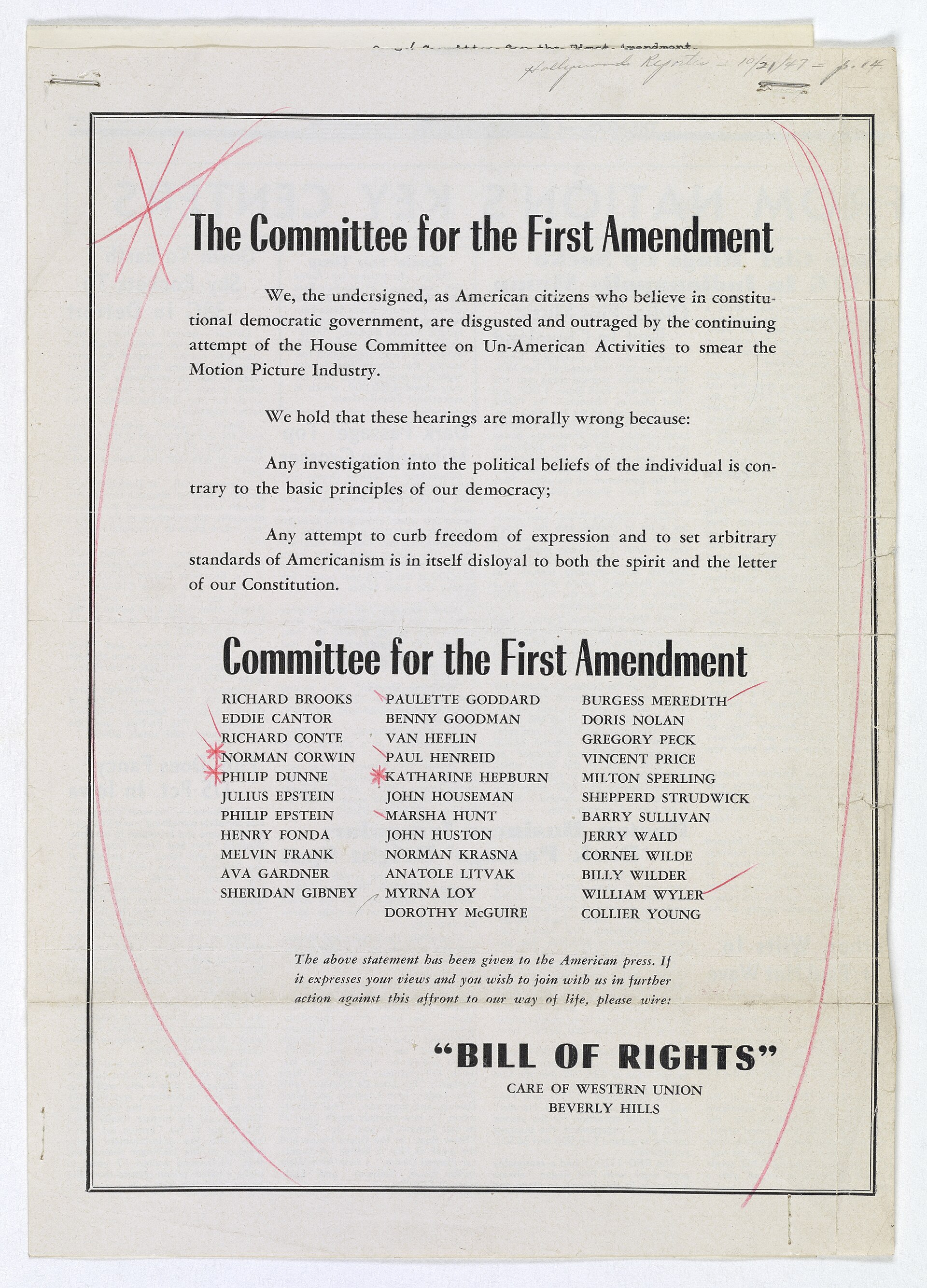 A printed page of text, the statement issued by the Committee for the First Amendment